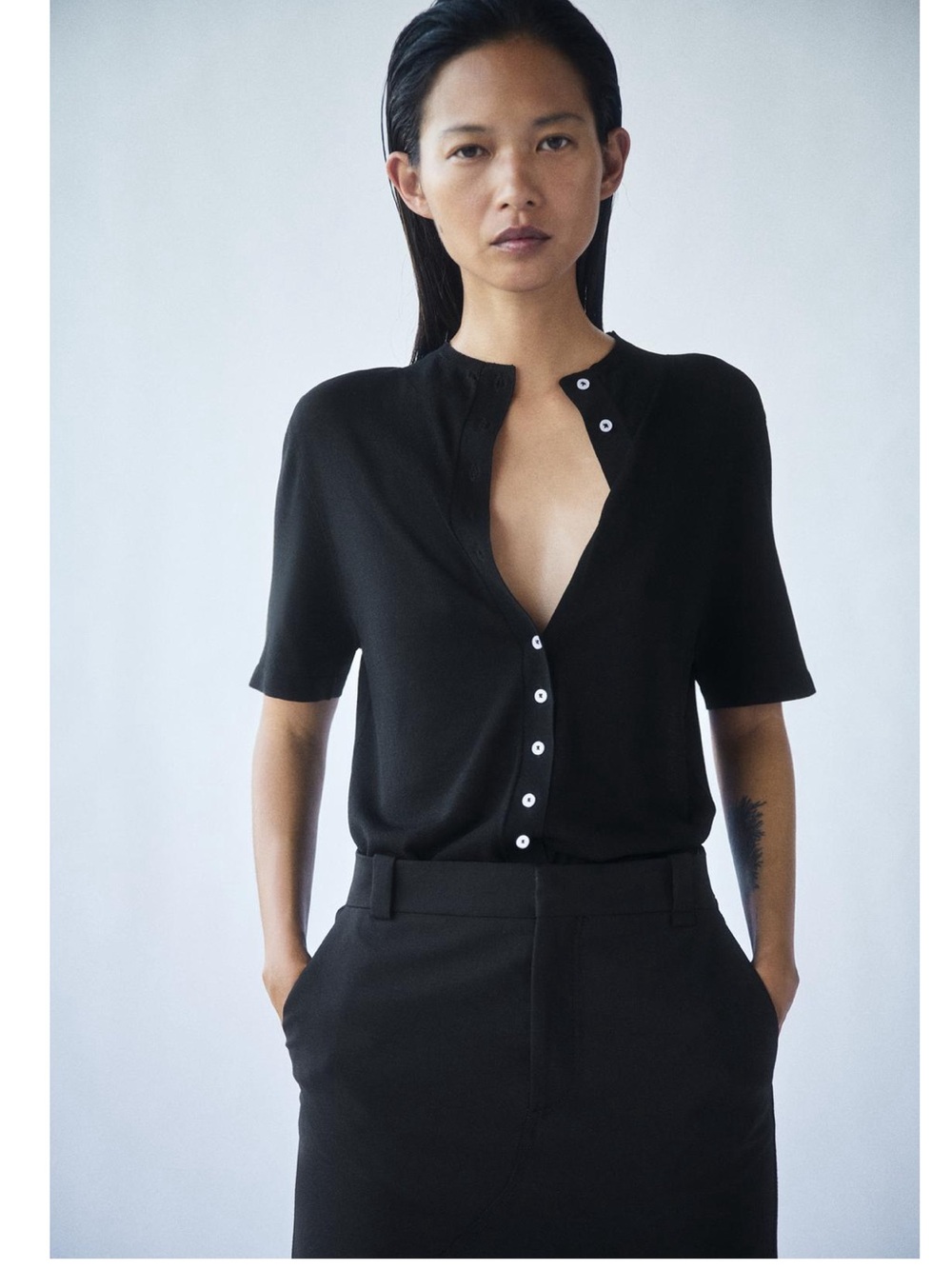Zara Classic Black Short-Sleeve Button Front Top